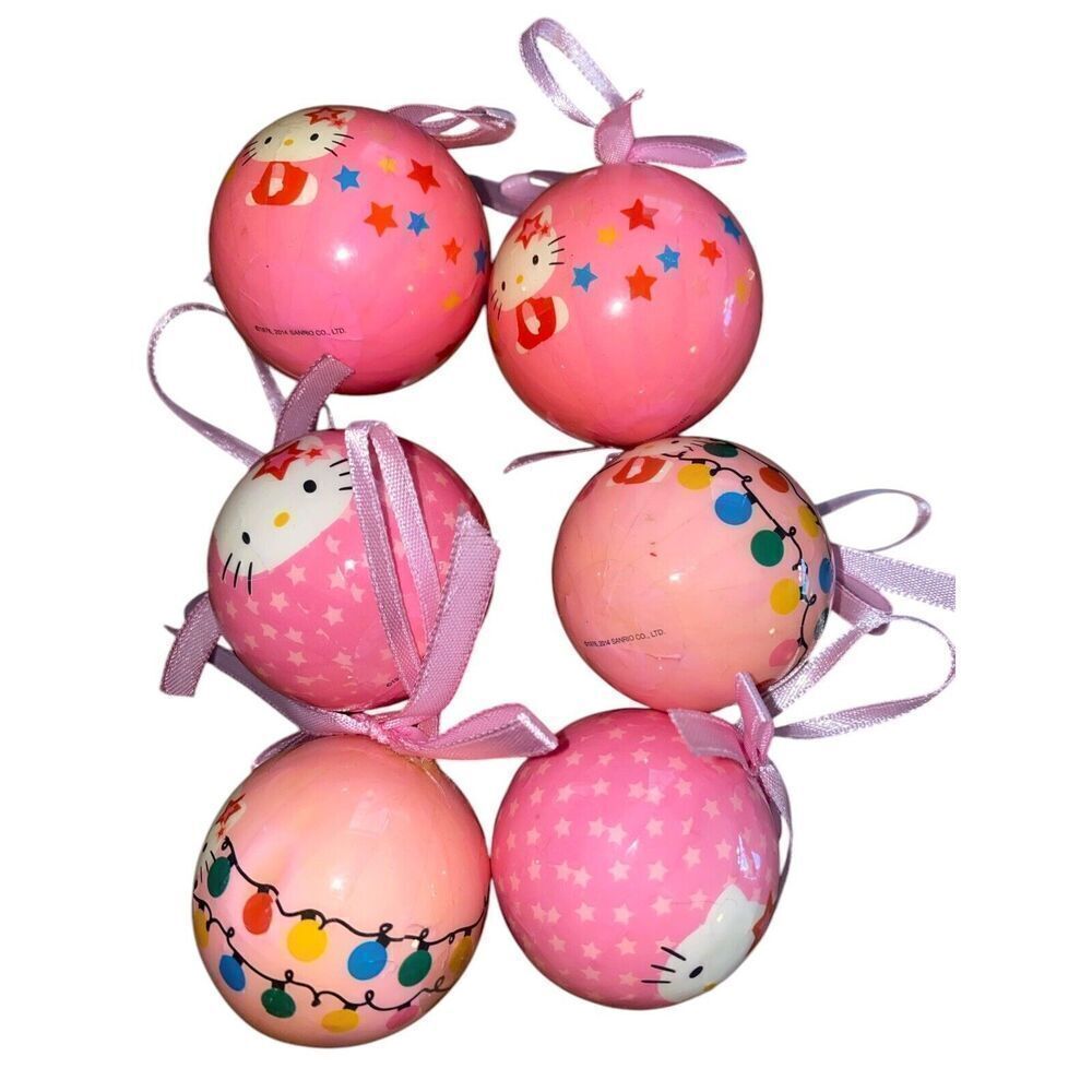 Hello Kitty Christmas Ornament Lot Of 6 Pink Ball 1.75”